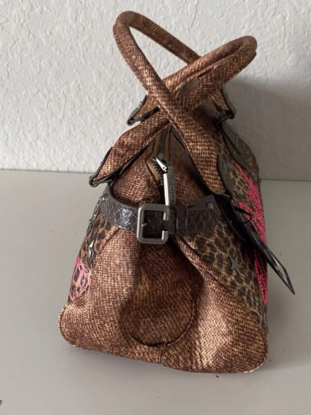 Von Dutch Leopard Print Bree Satchel Bag Animal Print Chic Orange W/Lock Charm